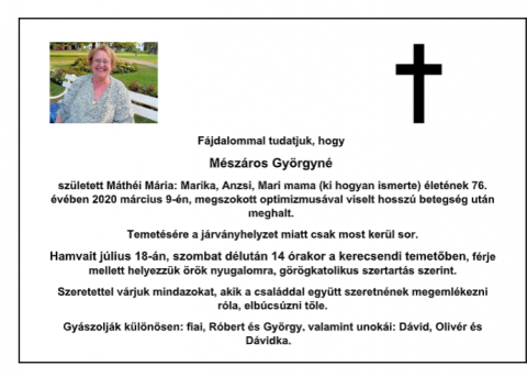 gyászjelentés- Mészáros Györgyné
